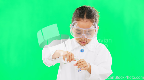 Image of Science, test tube and child pour liquid on green background for learning, lesson and lab exam. Education, scientist and girl in ppe for scientific test, chemistry or research experiment in studio