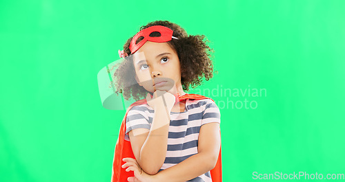 Image of Green screen, superhero and child thinking of idea to stop crime and fight with fantasy or cosplay costume. Girl power, hero and pretend game with strong kid to protect freedom and justice with space