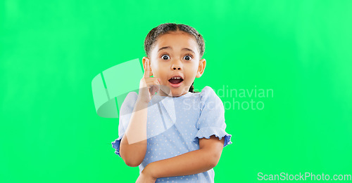 Image of Face, green screen and child in studio with idea, answer or solution, happy and excited on mockup background. Portrait, wow and girl with surprised, emoji and lightbulb moment or eureka isolated
