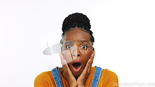 Image of Face, surprise and black woman with shock, surprised and girl isolated on white studio background. Portrait, African American female and lady with shocked facial expression, news and announcement wit