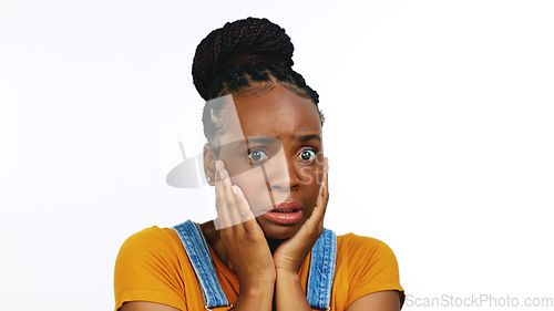 Image of Scared, shock and confused with face of black woman for announcement, gossip and news. Fear, secret and surprise with portrait of girl and omg expression for frightened, notification or wow in studio