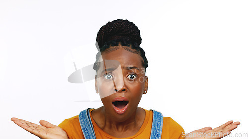 Image of Face, surprise and black woman with shock, excited and girl isolated on white studio background. Portrait, African American female and lady with facial expression, news and announcement with emoji