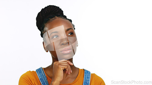 Image of Thinking, doubt and portrait of a black woman with an idea isolated on a white background in studio. Think, planning and African girl with a solution, thoughtful and contemplation on a backdrop