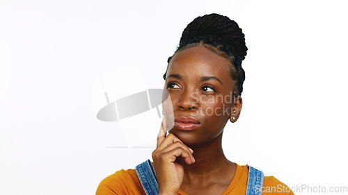 Image of Thinking, confused and portrait of a black woman with an idea isolated on a white background. Planning, strategy and African girl with doubt about a solution, inspiration and wondering about a plan