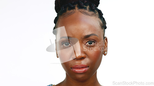 Image of Black woman, face and crying with mental health and depressed isolated on white background. Sad, pain with grief and loss, mockup and upset female with emotion, portrait and depression with stress