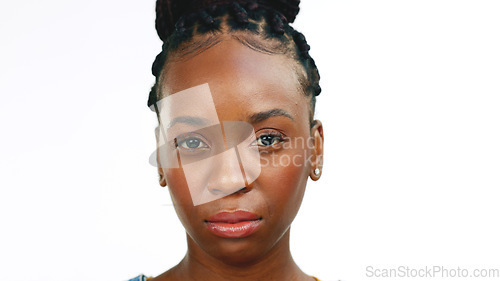 Image of Black woman, face and serious, thinking and mental health, psychology and emotion, worried isolated on white background. Emotional, portrait and female reflection on life, unhappy and sad with mockup