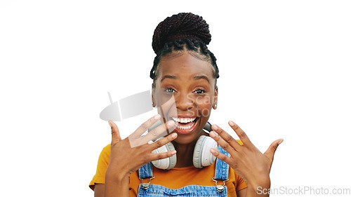 Image of Black woman, studio and excited face with hand gesture, fashion or smile by isolated white background. Happy gen z model, african girl or funny hands for comic laugh, playful or crazy with headphones