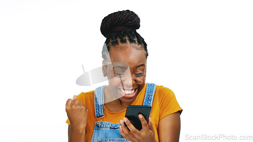 Image of Surprise, winner and excited black woman with phone on white background with victory, bonus and success. Wow, celebration and happy girl with smartphone for good news, achievement and winning online