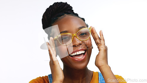 Image of Portrait, African American female and lady with eyewear, smart or confident with spectacles. Face, black woman and glasses for clear vision, excited and happy girl isolated on white studio background