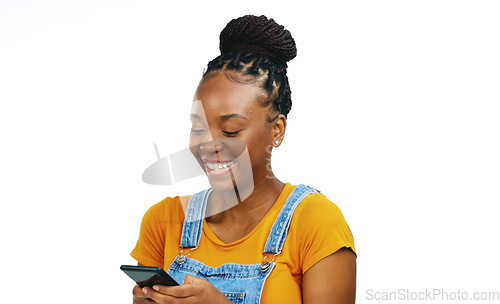 Image of Smile, laugh and happy black woman with phone on white background for funny meme, humor and comic text. Communication, social media and girl with smartphone internet, message and online website