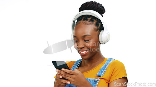 Image of Happy female, radio streaming with fun and enjoy playlist with audio subscription and mockup. Black woman listening to music with headphones, smartphone and dancing isolated on white background.