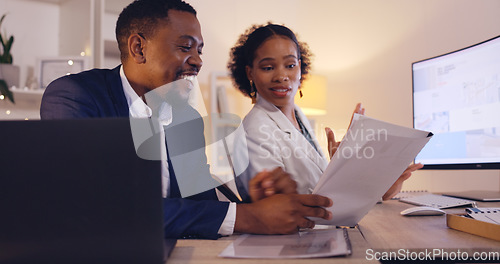 Image of Advice, documents and people in office planning for project deadline, proposal or report in night business. Creative, productivity and startup black woman with partner or manager for career paperwork