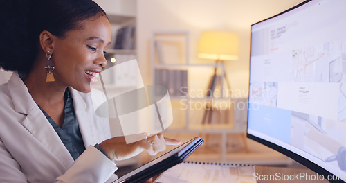 Image of Search, business and tablet with black woman in office for website, branding and digital marketing. Review, night and corporate with female employee at computer for planning, proposal and commitment