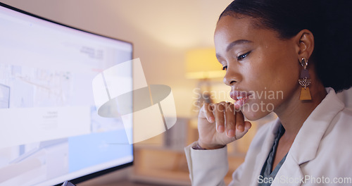 Image of Computer, thinking and business black woman with analysis, market research or data analytics report in night office. Serious, focus and professional person on multimedia tech or desktop screen review