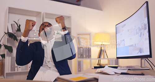 Image of Happy man throw papers in office success, winning or business celebration news, goals or happy bonus on computer at night. Winner or african person with fist pump, documents and celebrate opportunity