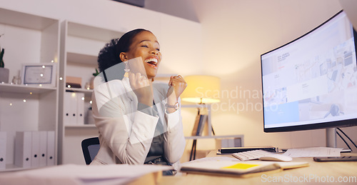 Image of Happy woman throw paperwork in success, winning or business celebration of news, goals or happy bonus at night. Winner or african person, fist pump and documents to celebrate opportunity on computer