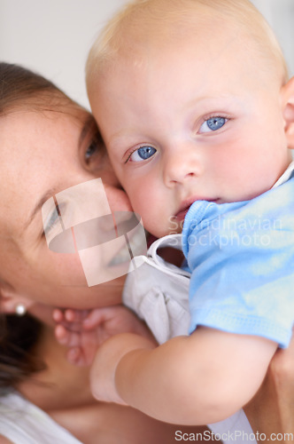 Image of Closeup of woman bonding with baby, love and care with happiness, development and growth at family home. Young mother, toddler and parenting, early childhood and childcare, motherhood and cute kid