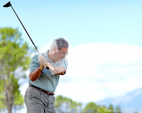 Image of Swing, old man or golfer playing golf for fitness, workout or stroke exercise on a course in retirement. Mature, golfing or senior player training in sports game driving with club or driver outdoors