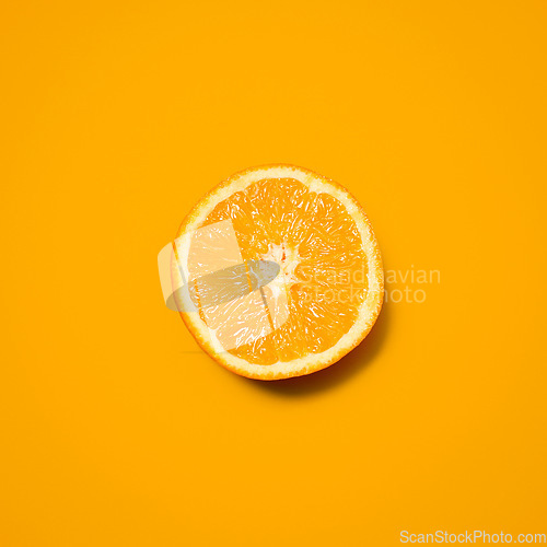 Image of Orange, studio and slice of fruit for diet, vitamin C and healthy nutrition on isolated wallpaper or background. Food, organic and grocery for natural wellness, health and fruity citrus mockup