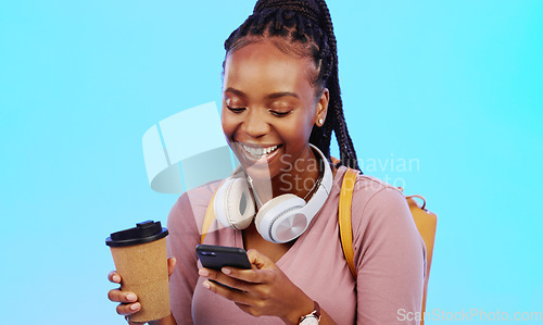 Image of Phone, music and coffee with a black woman in studio on a gray background listening to the radio. Mobile, social media or headphones and a young female streaming an audio playlist with a drink