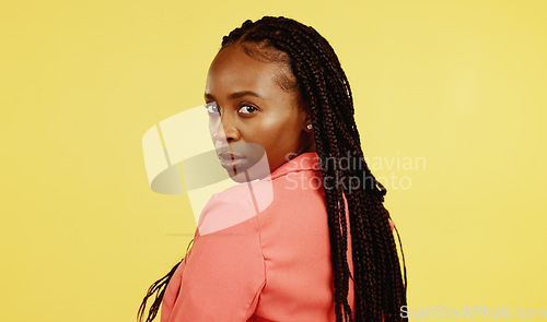 Image of Black woman, beauty and skincare serious portrait and looking over shoulder with fashion. Young African model, comic gen z girl and cosmetics for natural skin glow, aesthetic and fierce