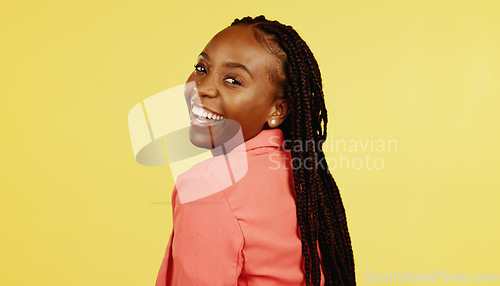 Image of Black woman, beauty and skincare portrait with smile and looking over shoulder with fashion. Young African model, comic gen z girl and cosmetics for natural skin glow, aesthetic and happiness