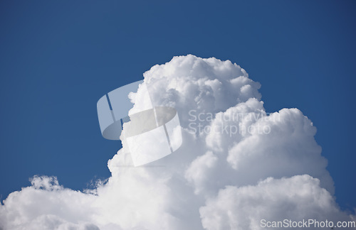 Image of Nature, mockup and environment with clouds in blue sky for heaven, peace and climate. Sunshine, space and dream with fluffy cloudscape in ozone air for freedom, pattern and weather meteorology