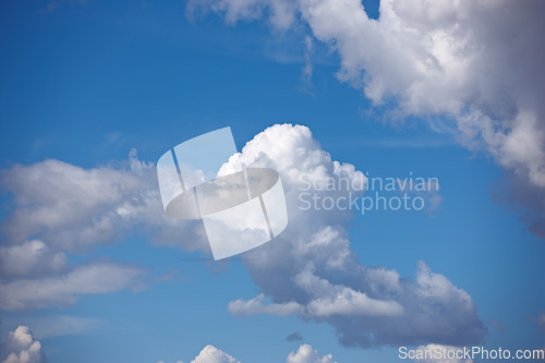 Image of Heaven, space and environment with clouds in blue sky for nature, peace and climate. Sunshine, mockup and dream with fluffy cloudscape in ozone air for freedom, pattern and weather meteorology