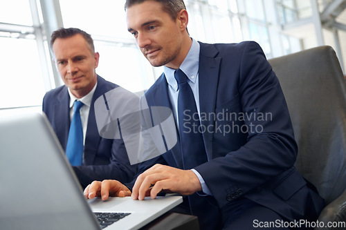 Image of Laptop, corporate lounge and business people teamwork on finance portfolio review, stock exchange analysis or banking. Crypto, online research and professional men working on financial stocks trading