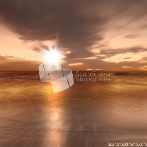 Image of Space, ocean and clouds with sunset at beach for environment, peace and landscape mockup. Summer, sunshine and sunrise with wave on horizon for travel destination, reflection and seaside vacation
