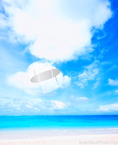 Image of Ocean, blue sky and landscape with beach and travel, white sand and summer vacation outdoor in Hawaii. Environment, horizon and seaside location with tropical destination and journey on island