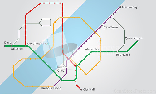 Image of Navigation, gps and map for travel or location with roadmap lines, dots or color guide for city. Abstract, background and technology or digital system to search place, route or Singapore destination