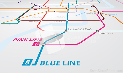 Image of Underground, train railway and lines on map of metro for navigation, travel or transport with infrastructure. Chart, subway transportation or diagram for urban journey, route or itinerary to location