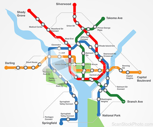 Image of Transport, train railway and map of metro for navigation, travel and underground infrastructure in city. Chart, subway transportation and diagram for urban journey, route or itinerary for location