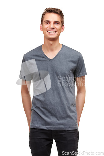 Image of Happy, fashion and portrait of man on a white background with confidence, attractive and pride in studio. Smile, confident and face of isolated handsome young male person with trendy casual clothes