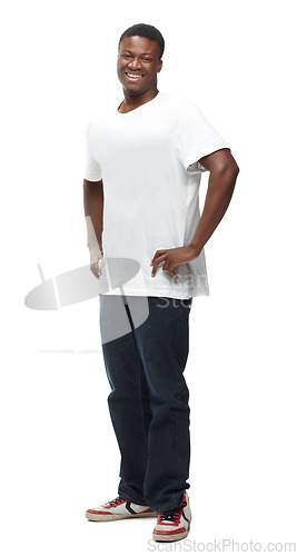 Image of Happy, fashion and portrait of black man on a white background with confidence, attractive and pride in studio. Smile, confident and isolated handsome young male person with trendy casual clothes