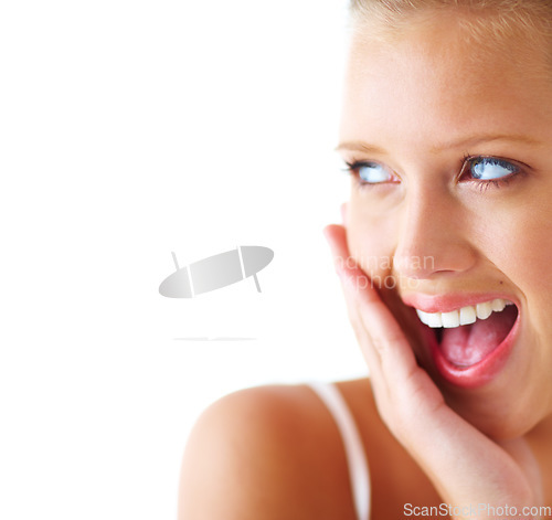 Image of Wow, skincare and happy woman in studio shocked with cosmetic, results and treatment with mockup. Omg, soft and female model with hands on face surprised by beauty, secret or dermatology satisfaction