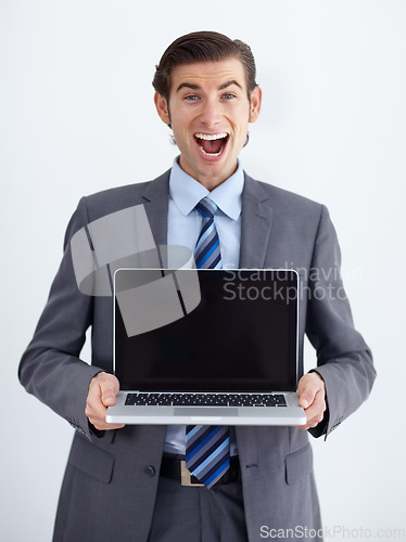 Image of Laptop, mockup and happy with portrait of man in studio for website, email and administration. Business, excited and technology with employee in white background for corporate, internet or networking