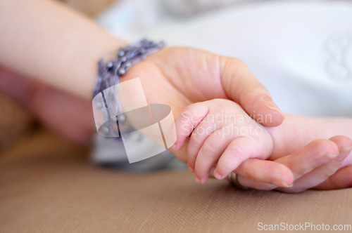 Image of Love, family and mother holding hands with her baby in the home for trust, care or bonding together closeup. Children, hand or comfort with a mama and newborn infant in a house to nurture growth