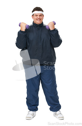 Image of Plus size, weight training and portrait of man in a studio with exercise and training for diet goals. White background, smile and male model with healthy and wellness goals for overweight problem