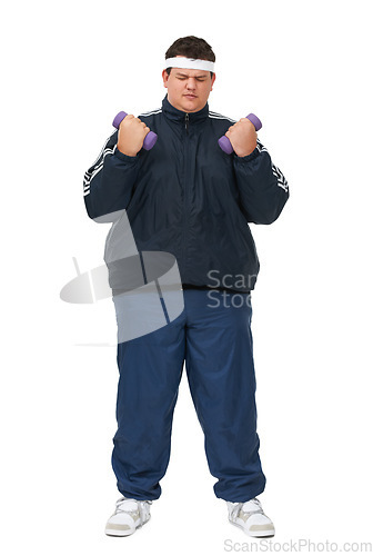 Image of Plus size, weight training and lift of man in a studio with exercise and training for diet goals. White background, smile and male model with healthy and wellness goals for overweight problem