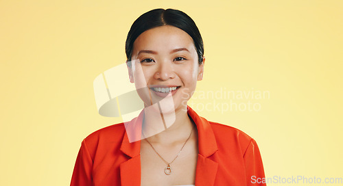 Image of Asian woman, happy and smile on face for fashion and skincare or beauty on a yellow background. Portrait of a gen z girl model with happiness mockup space and color with a positive mindset and laugh