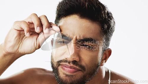 Image of Man grooming his eyebrows with a tweezer in studio for self care, beauty and cleanliness. Hair removal, tweezing and male model from India doing facial epilation plucking routine by white background.