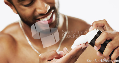 Image of Skincare, cosmetics and man with shaving cream, grooming and hygiene against a grey studio background. Latino male, happy guy and facial foam for hair removal, wellness and product for beard and face