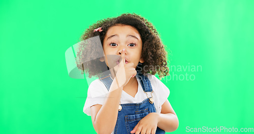 Image of Face, green screen and child with finger on lips for quiet, silence or shush gesture on studio background. Noise, whisper and girl portrait with secret, emoji and hand symbol while posing isolated