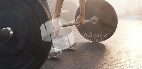 Image of Fitness, woman in gym and barbell for weightlifting, power and muscle with closeup on equipment at sports club. Balance, strength and female bodybuilder lifting weights and training with health goals