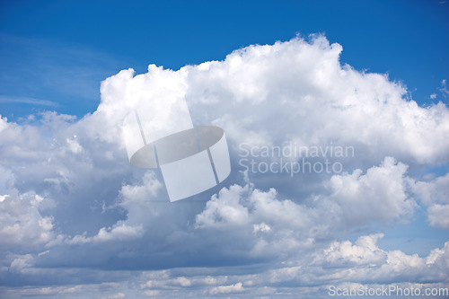 Image of Nature, texture and environment with clouds in blue sky for heaven, peace and climate. Sunshine, mockup and dream with fluffy cloudscape in ozone air for freedom, pattern and weather meteorology