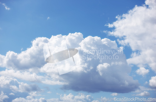 Image of Nature, texture and environment with clouds in blue sky for heaven, peace and climate. Sunshine, mockup and dream with fluffy cloudscape in ozone air for freedom, pattern and weather meteorology