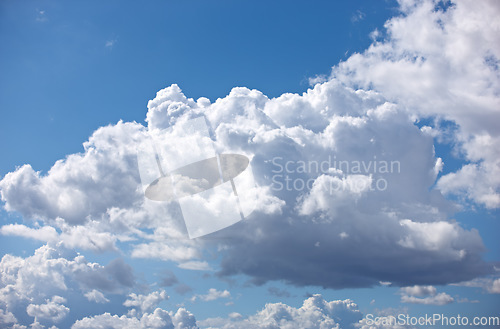 Image of Nature, space and climate with clouds in blue sky for heaven, peace and environment. Sunshine, mockup and dream with fluffy cloudscape in ozone air for freedom, pattern and weather meteorology