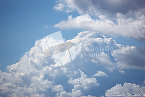 Image of Nature, space and pattern with clouds in blue sky for heaven, peace and climate. Sunshine, mockup and dream with fluffy cloudscape in ozone air for freedom, environment and weather meteorology